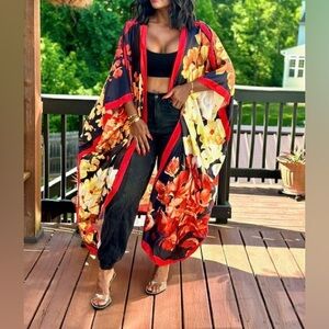 Daisy Bohemian Long Sleeve Open Front Cover Up, Elegant Loose Fit Kimono
